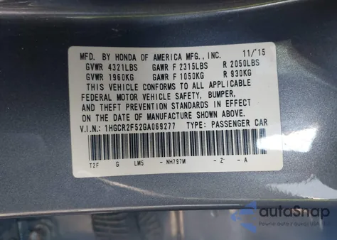 2016 Honda Accord Sport из США, поврежденный, VIN 1HGCR2F52GA069277